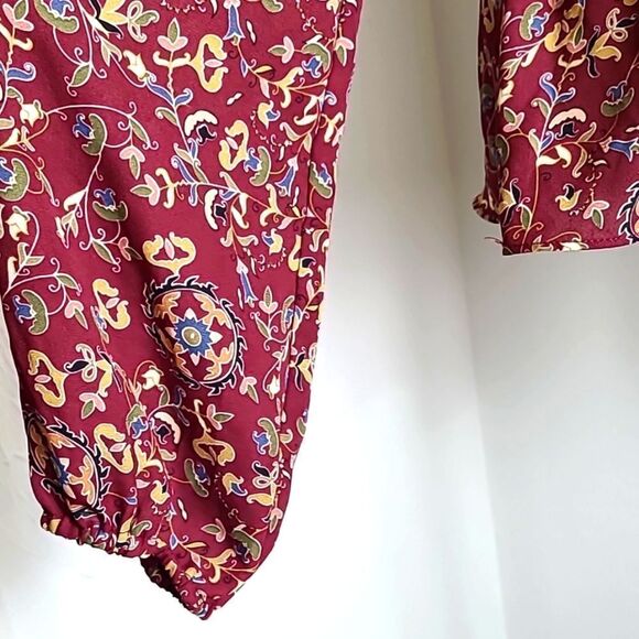 Max Studio Maroon Floral Blouse with Criss-cross Ruffle & Tie in Front, Sz Large - Picture 6 of 10